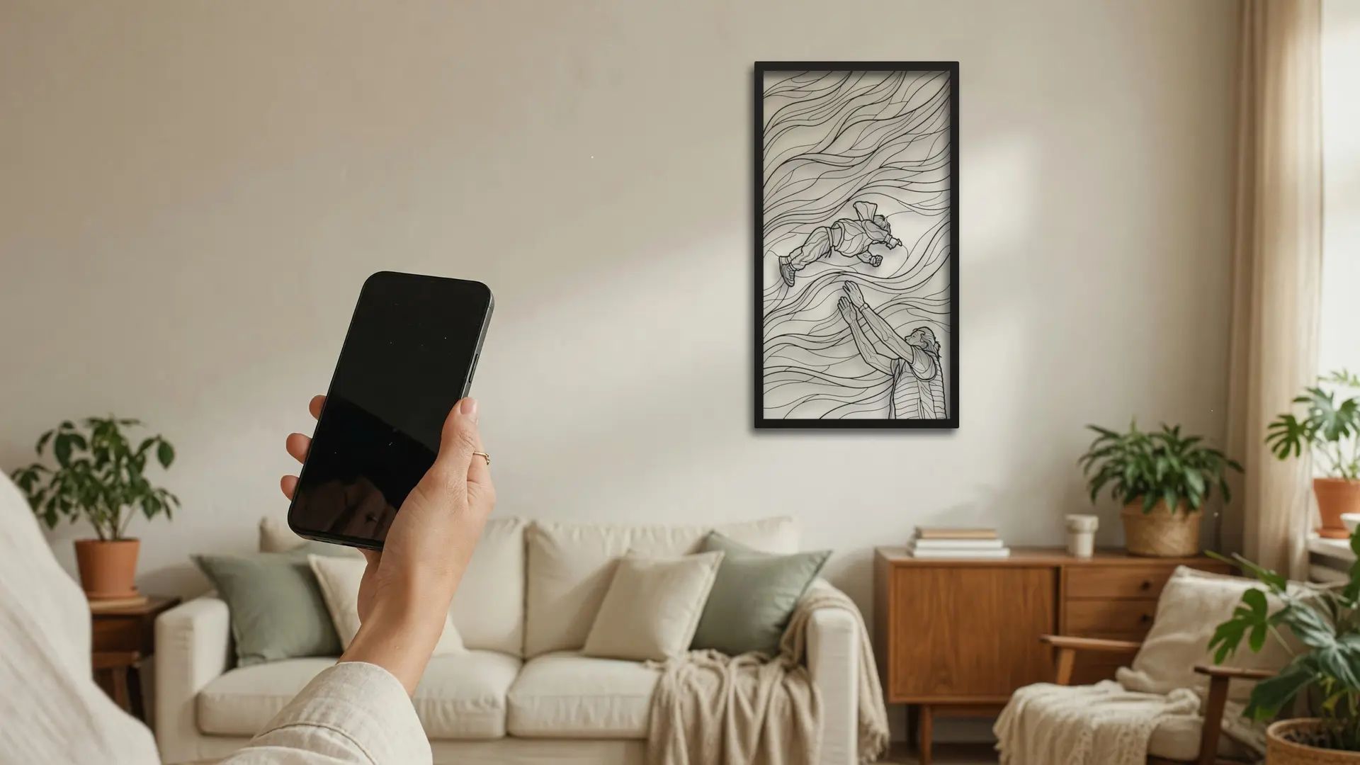 A hand holds a phone showing a family photo; the same image hangs as a laser-cut steel panel on the wall behind.